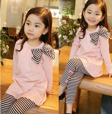 Bow & Leggings Set - Girl Clothing, 2pcs Long Sleeve Top with Bow & Leggings