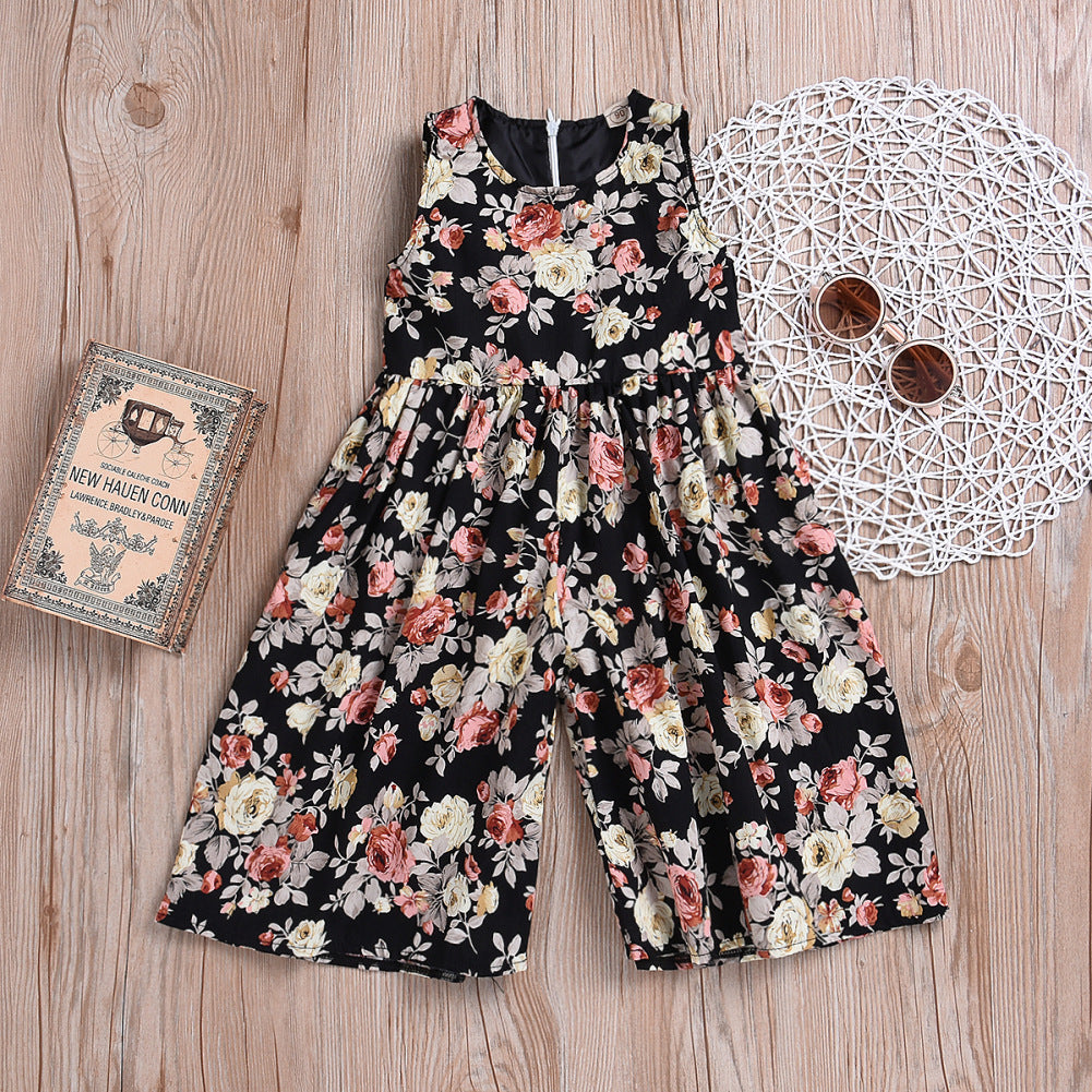 Sleeveless Cotton Printed Wide-Leg Pants for Girls'