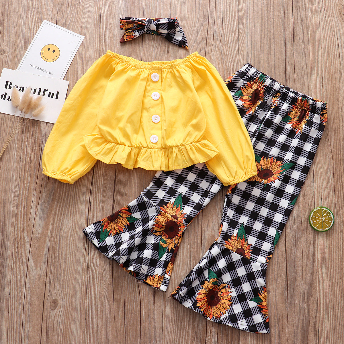 Long-Sleeved Yellow Blouse & Plaid Sun Flower Trousers 3-piece Set