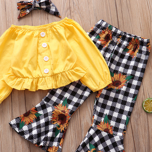 Long-Sleeved Yellow Blouse & Plaid Sun Flower Trousers 3-piece Set