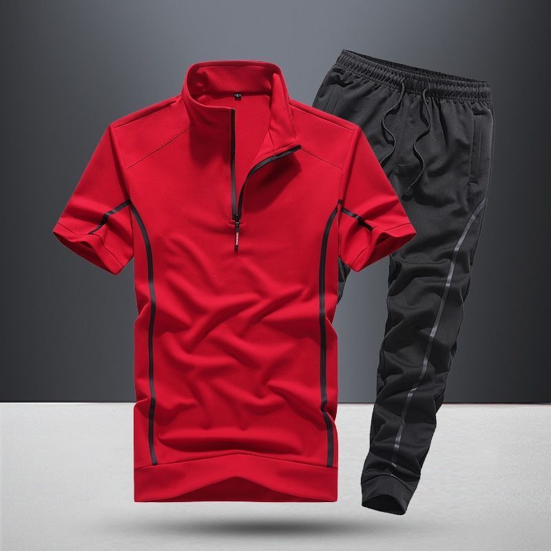 Vêtements de sport pour hommes, nouvelle mode printemps et été, col montant, manches courtes, costume de course décontracté, costume deux pièces mince