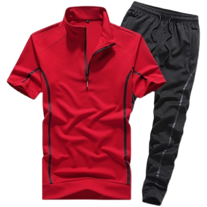 Vêtements de sport pour hommes, nouvelle mode printemps et été, col montant, manches courtes, costume de course décontracté, costume deux pièces mince