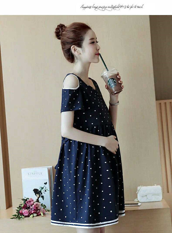 Polka Dot Loose Short Sleeve Off-The-Shoulder Mid-Length Maternity Dress