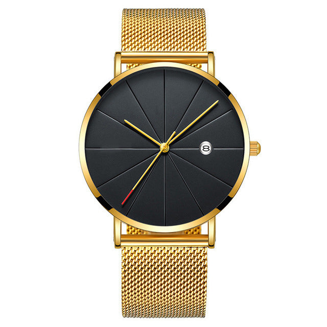 Calendar Thin Mens Watch Stainless Steel Mesh Band Quartz Wrist Watches Men Clock