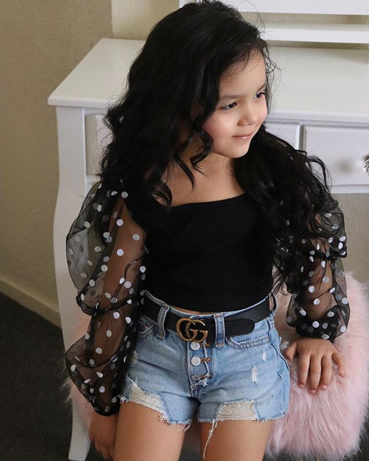 Cotton Dot Mesh & Ripped Denim Shorts for Kids