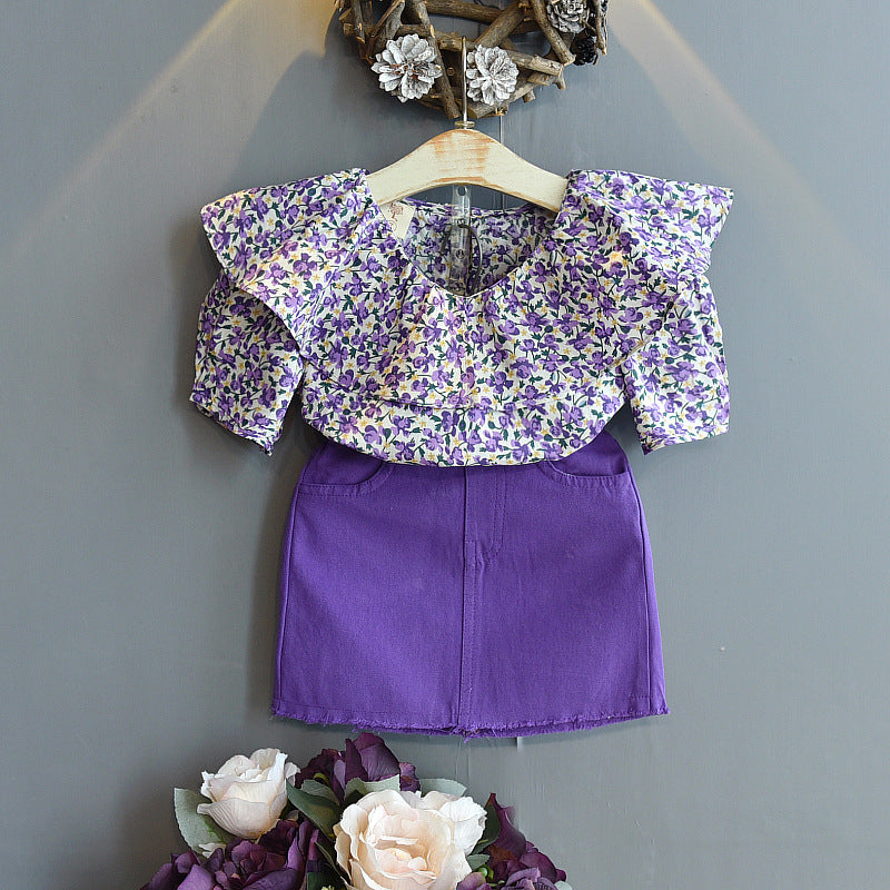 Chemise et jupe à col fleur et feuille de lotus, vêtements pour petites filles