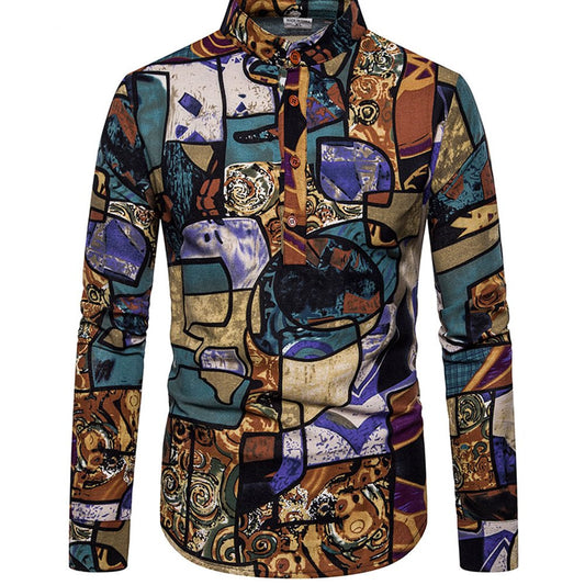 Plus Size Mens Long Sleeve Printed Shirt