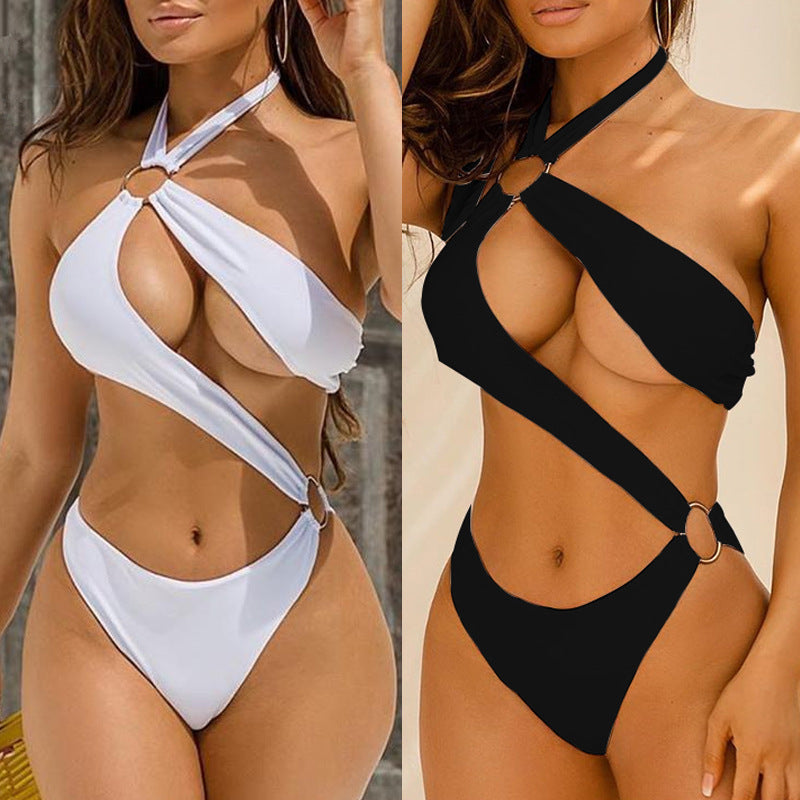 One-Piece Three Color Hollow Metal Ring Strap Bikini Swimsuit