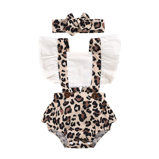 Leopard Pattern Girls' Romper 2pcs Turban