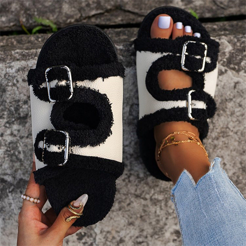 Thick Sole Buckle Lamb Swool Slippers For Women Outdoor