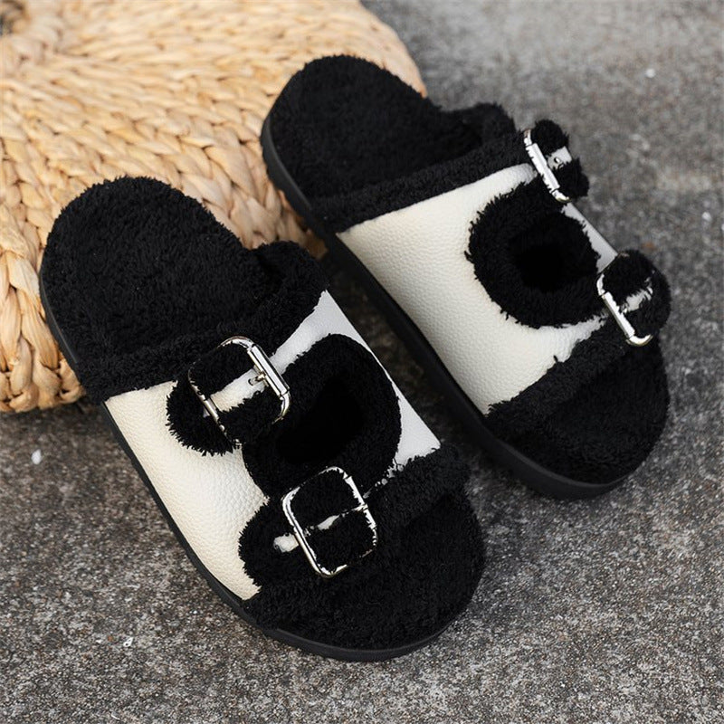 Thick Sole Buckle Lamb Swool Slippers For Women Outdoor