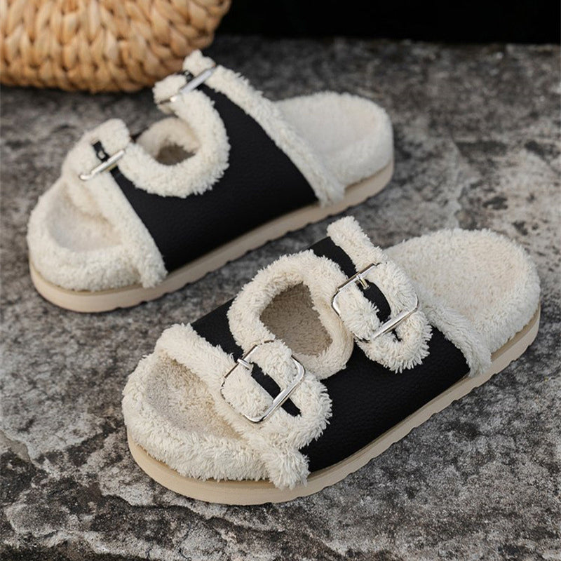 Thick Sole Buckle Lamb Swool Slippers For Women Outdoor