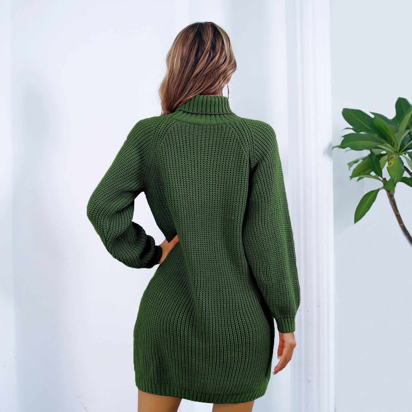 Sweater - Women's Button Detail Turtleneck Sweater Dress for Winter green