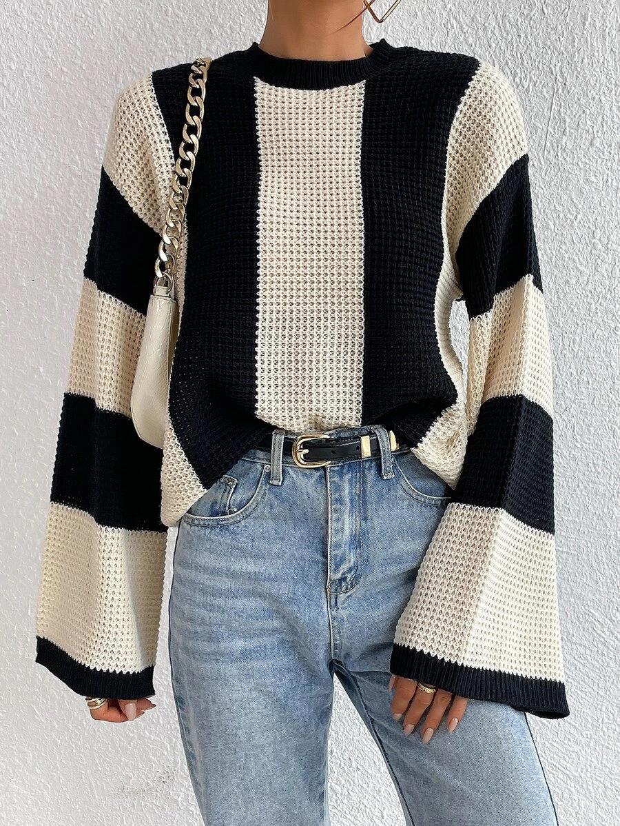 Sweater - Women's Round Neck Striped Knitted Sweater