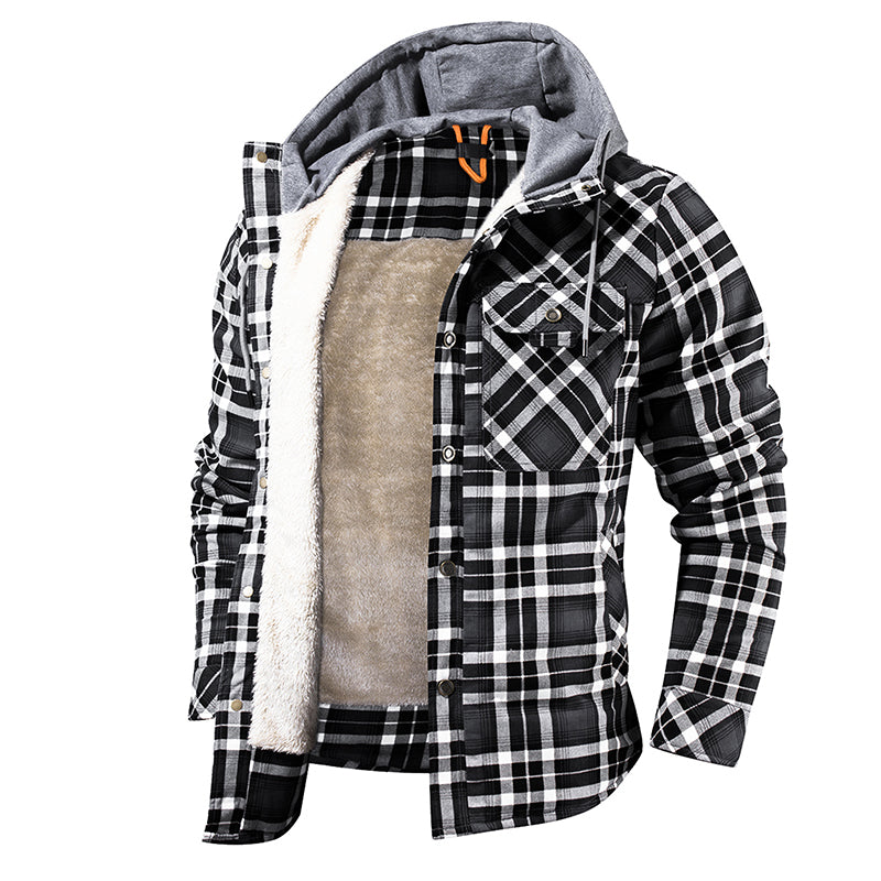 Warme Herrenjacke mit Fleecefutter, Holzfäller-Plaid-Kapuzenjacke mit Druckknopf