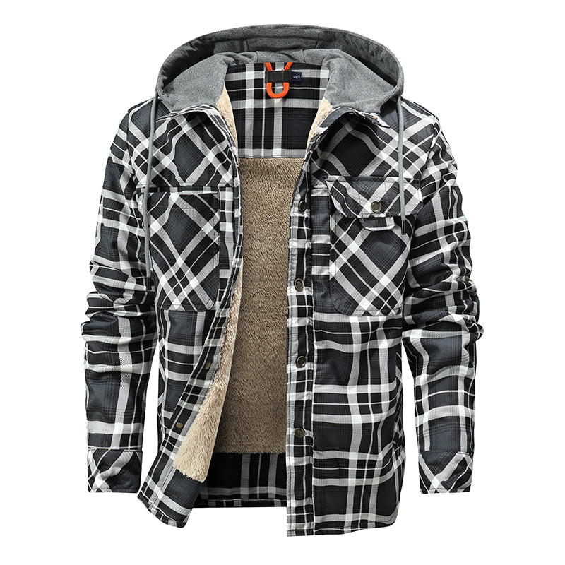 Warme Herrenjacke mit Fleecefutter, Holzfäller-Plaid-Kapuzenjacke mit Druckknopf