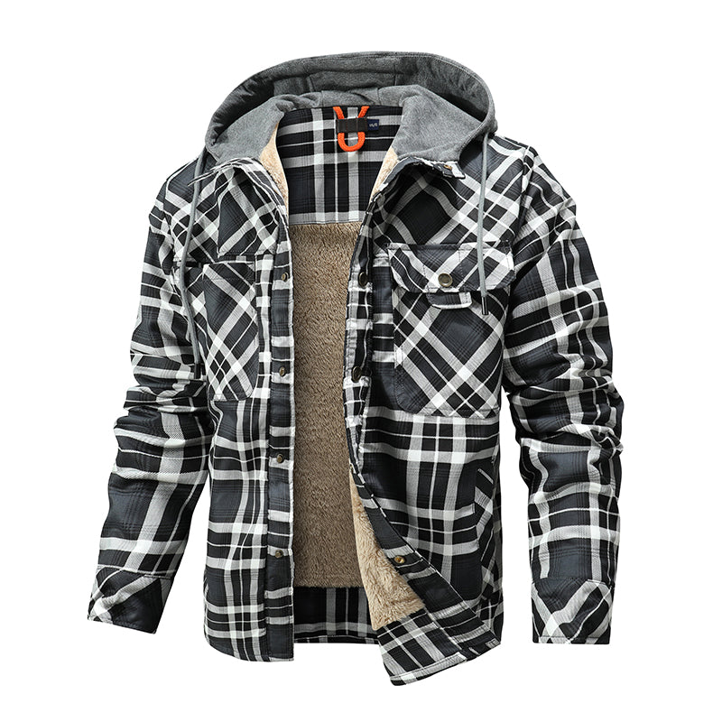 Warme Herrenjacke mit Fleecefutter, Holzfäller-Plaid-Kapuzenjacke mit Druckknopf