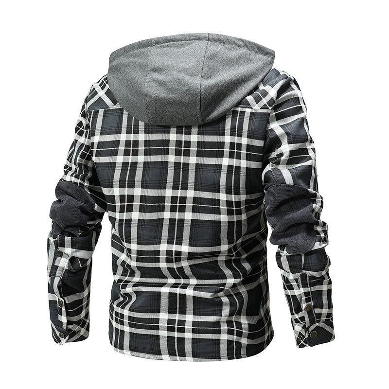 Warme Herrenjacke mit Fleecefutter, Holzfäller-Plaid-Kapuzenjacke mit Druckknopf