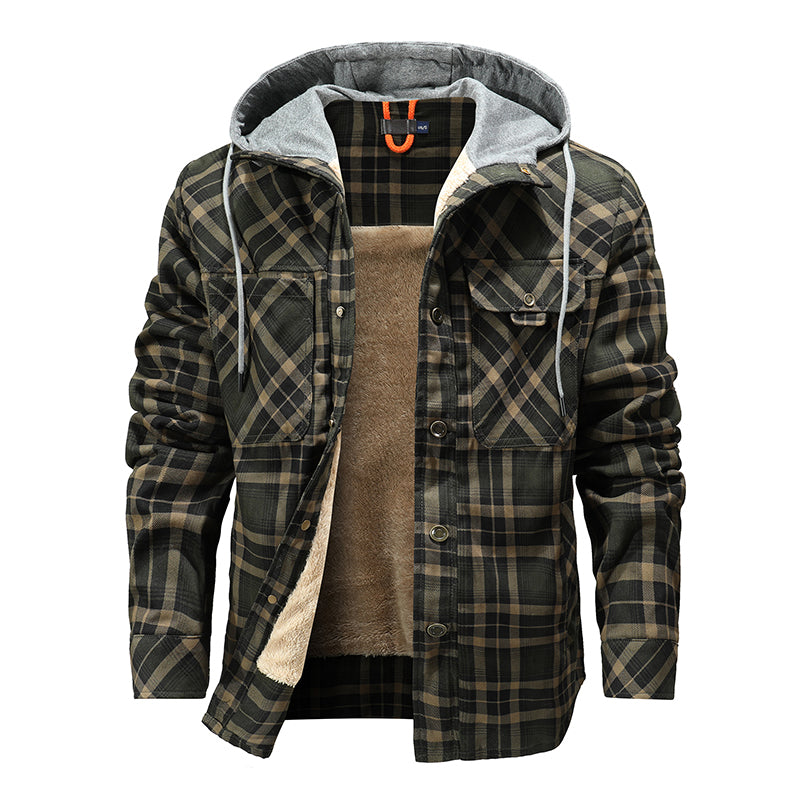 Warme Herrenjacke mit Fleecefutter, Holzfäller-Plaid-Kapuzenjacke mit Druckknopf