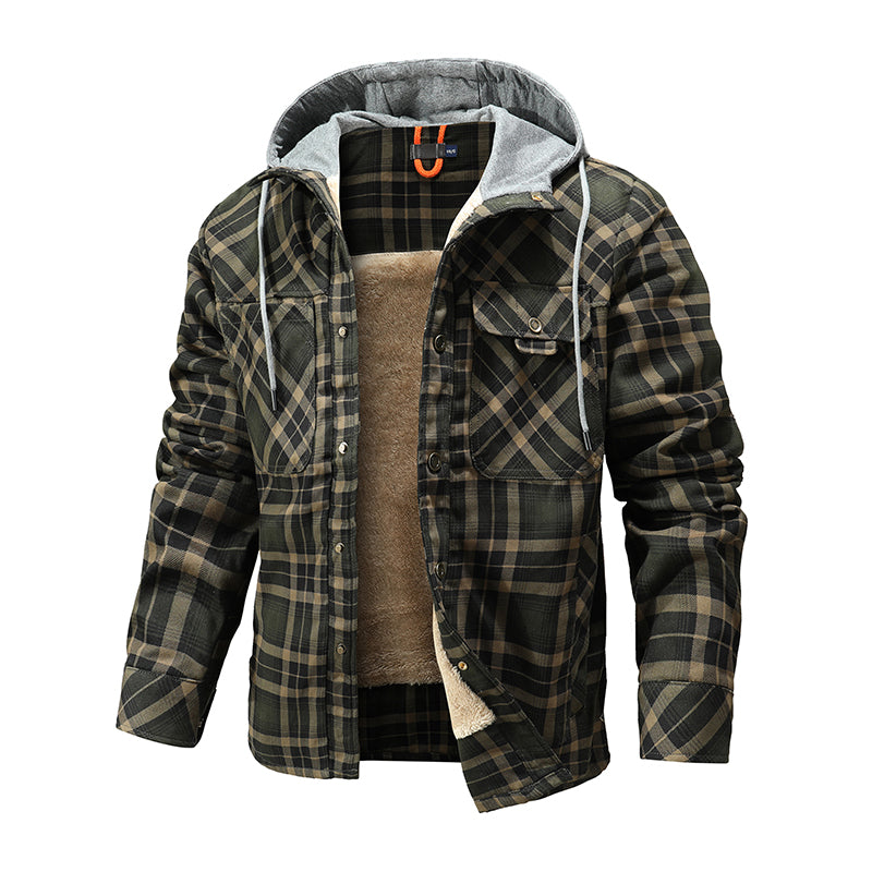 Warme Herrenjacke mit Fleecefutter, Holzfäller-Plaid-Kapuzenjacke mit Druckknopf