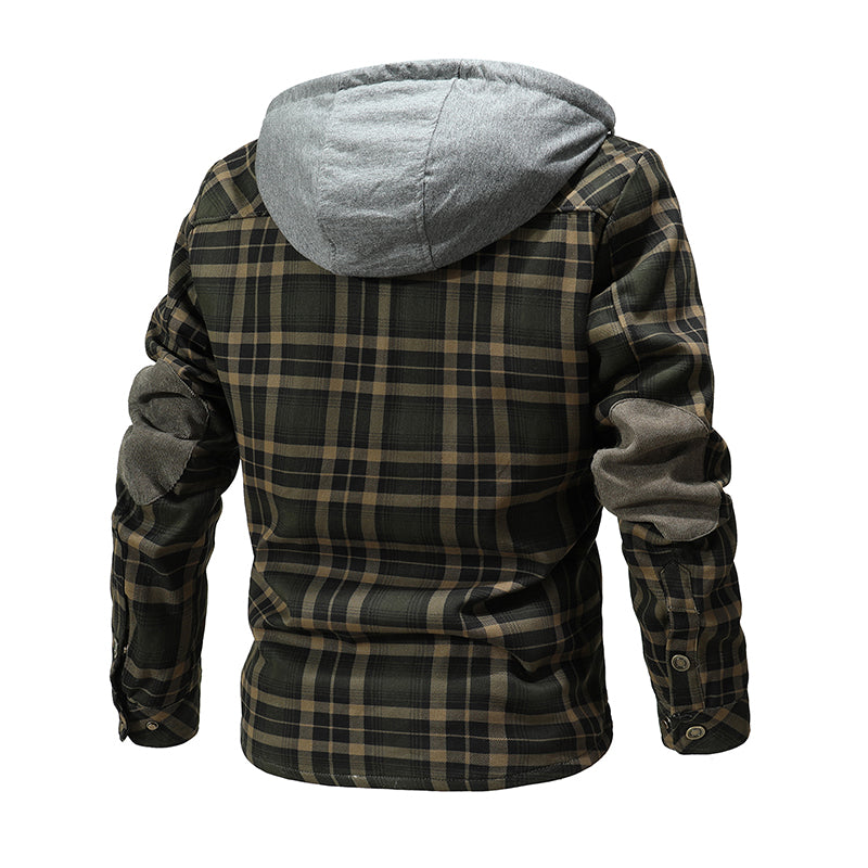 Warme Herrenjacke mit Fleecefutter, Holzfäller-Plaid-Kapuzenjacke mit Druckknopf