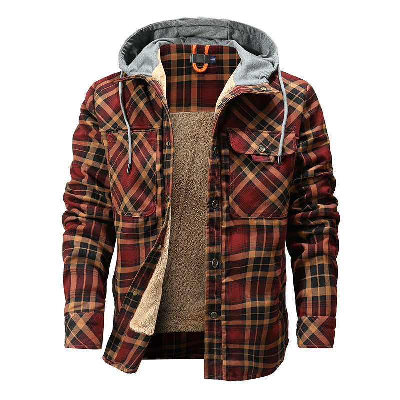 Warme Herrenjacke mit Fleecefutter, Holzfäller-Plaid-Kapuzenjacke mit Druckknopf