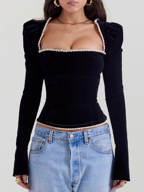 Womens Top - Square Collar Velvet Backless Lace Up T-shirt Top