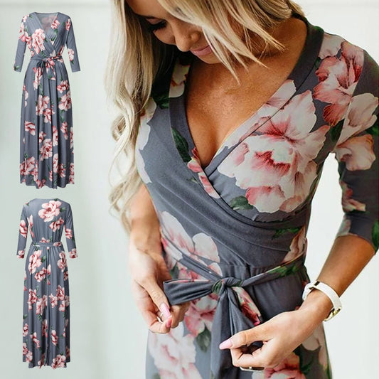 Printed sexy V-neck dress