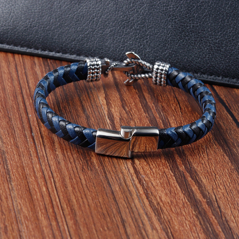 Mens Titanium Steel Bracelet Leather Braided Anchor