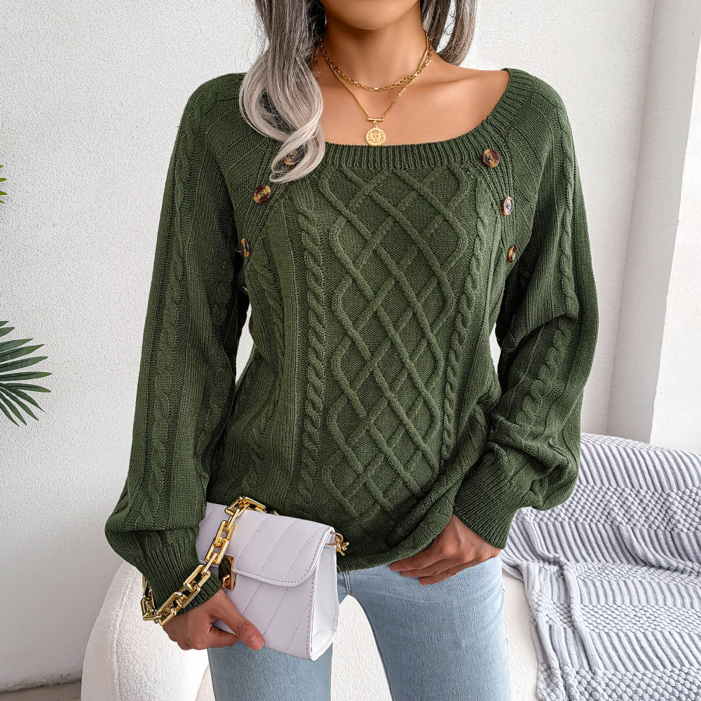 Sweater - Square Neck Button-Up Twisted Knit Sweater green