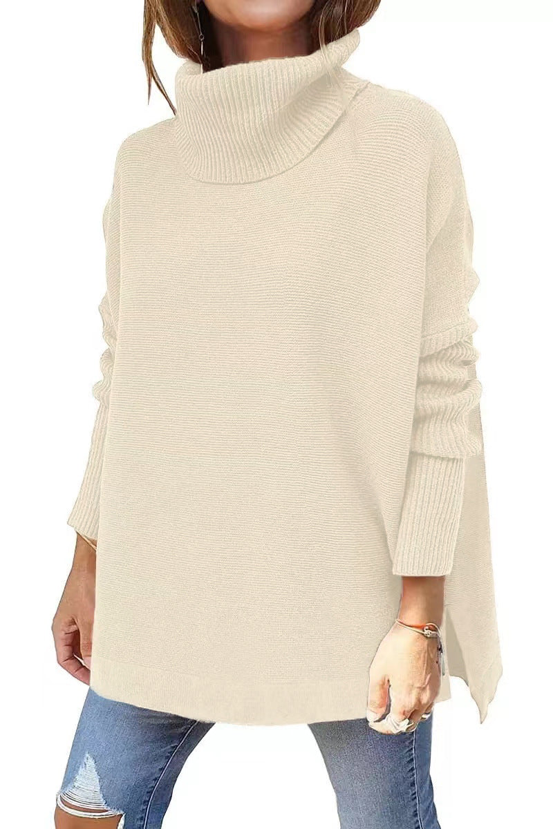 Turtleneck Sweater - Mid Length Batwing Sleeve Slit Hem Tunic Pullover off white