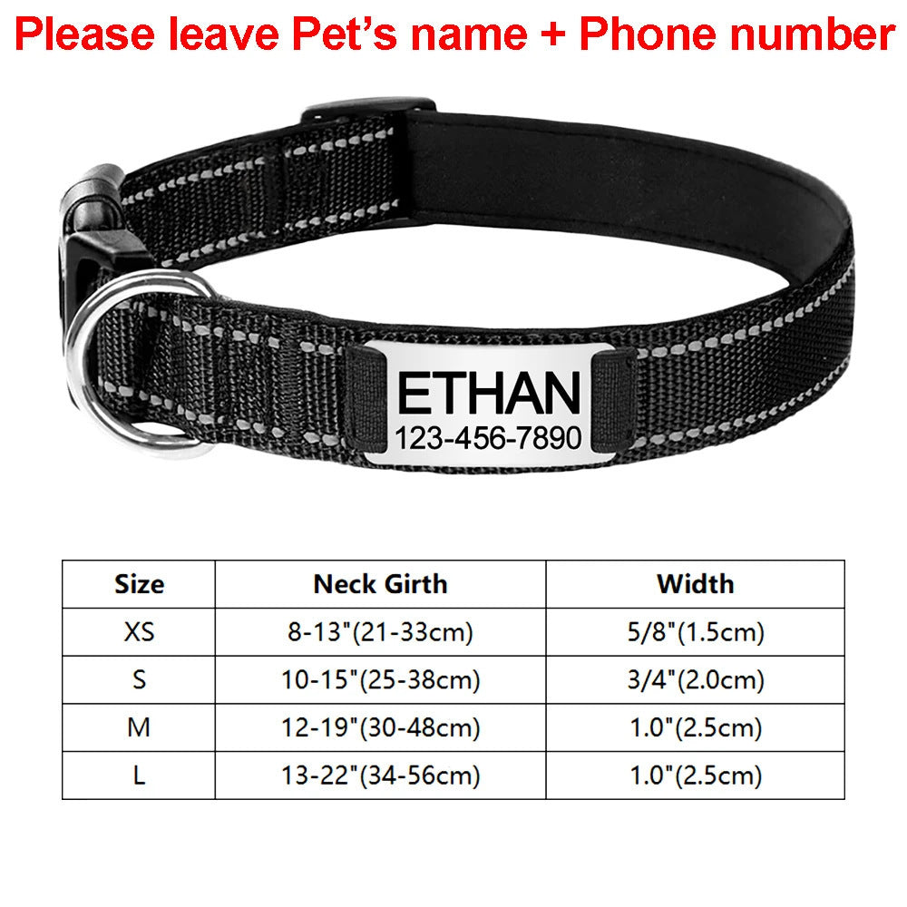 Black dog collar with nameplate and size chart on a white background