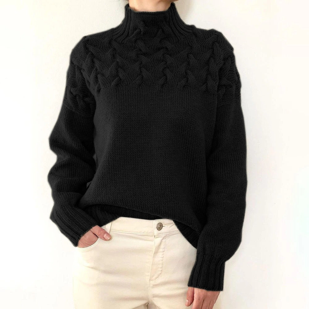 Sweater - Fashion Cable Woven Detail High Collar black