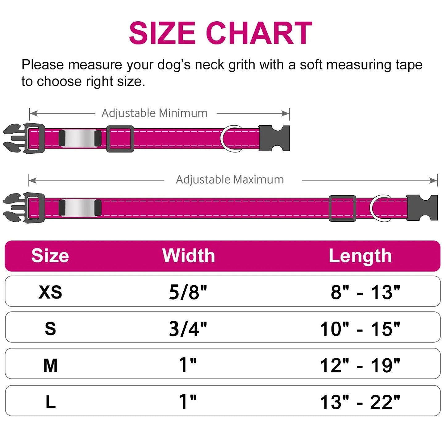Size chart for a dog collar with adjustable measurements and dimensions.
