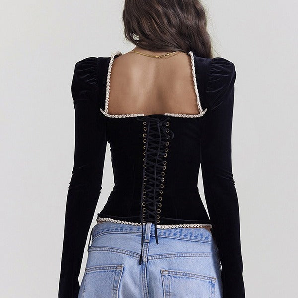 Womens Top - Square Collar Velvet Backless Lace Up T-shirt Top