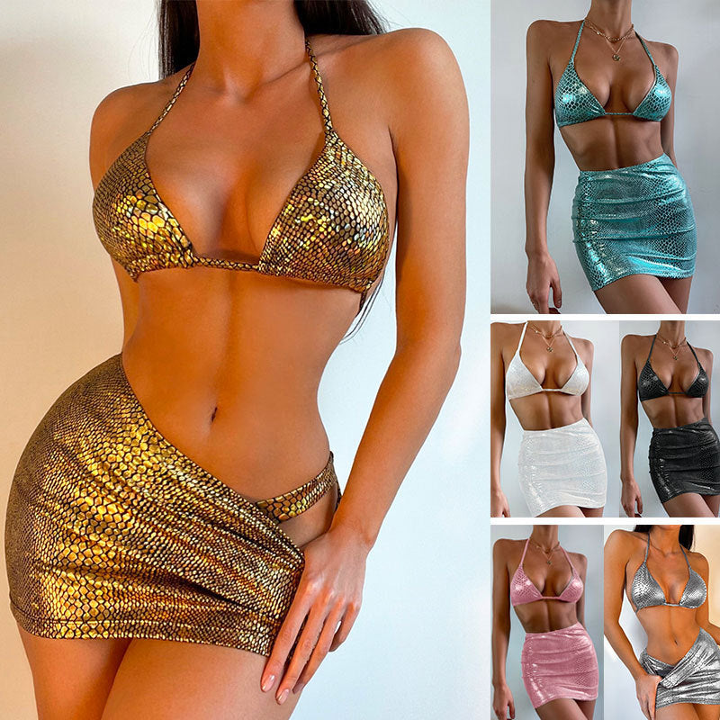 Women's 3 Piece Halter Snake Pattern Bikini Set With Cover Up Skirt