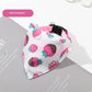 Pink strawberry patterned dog bandana on a magazine with 'Pink Strawberry' label.