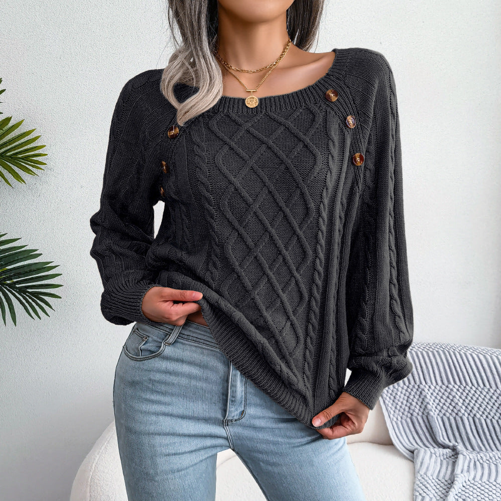 Sweater - Square Neck Button-Up Twisted Knit Sweater black