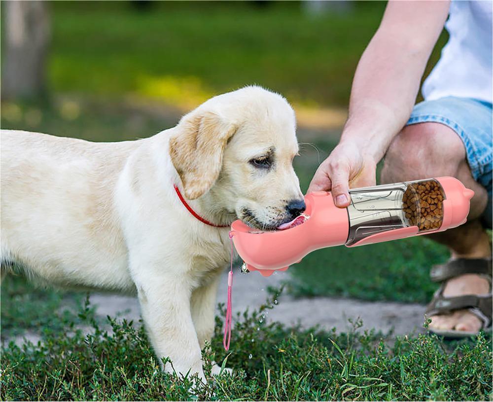 Portable Pet Outdoor Travel 3 In 1 Dog Water Bottle & Feeder Garbage Bag Storage