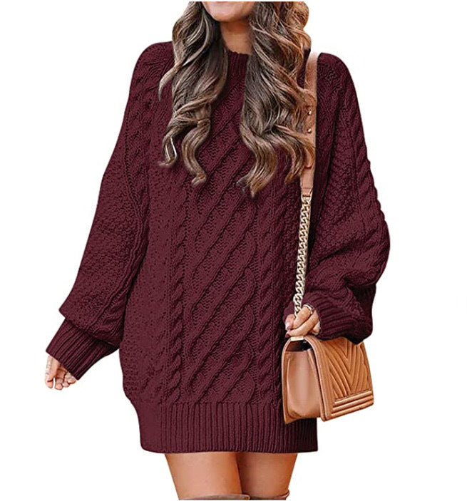 Sweater - Women's Twisted Knit Midi Sweater Dress with Long Sleeves oxblood