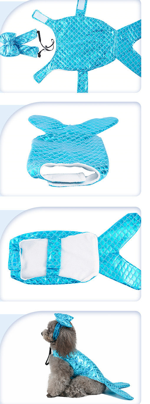 Set of blue mermaid-themed dog costumes including a tail, fin, and headband on a white background.