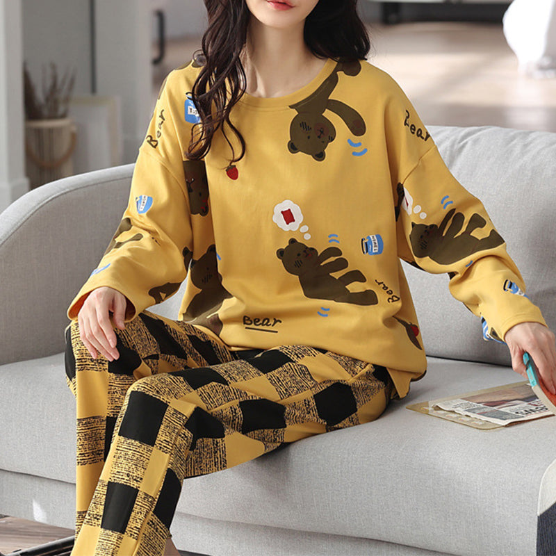 Loose Print Pajamas Women Autumn Winter Pyjama Set Long Sleeves And Trousers Elegant Sleepwear Girl Loungewear Home Clothes