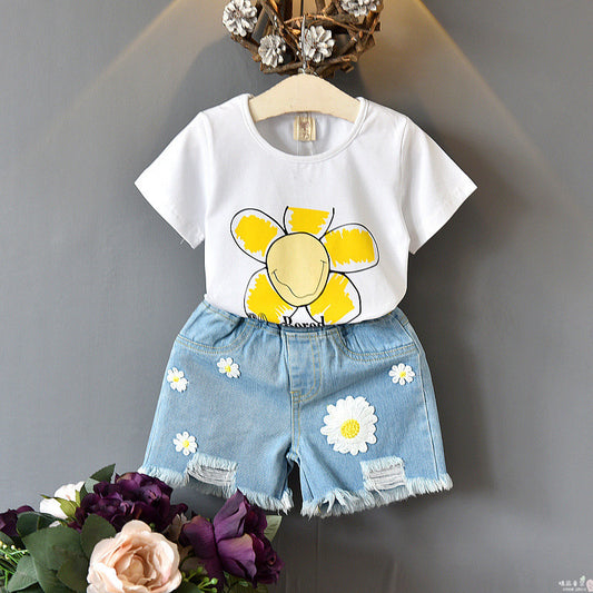 Denim 2pcs suit- Toddler Girls' Short-sleeved T-shirt & Short