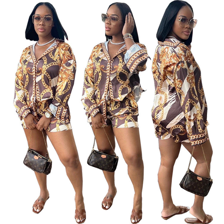 Women's Casual Long-Sleeved Shirt & Shorts Printed 2PCS Suit