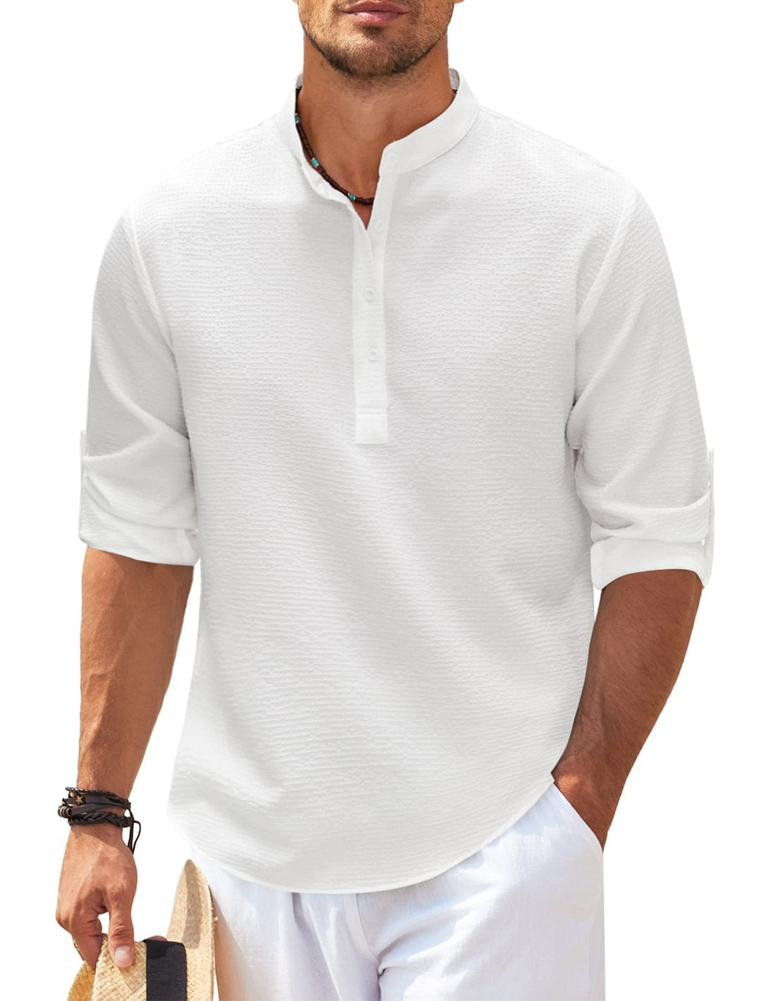 Chemise décontractée à manches longues pour hommes, col montant, couleur unie, vêtements pour hommes