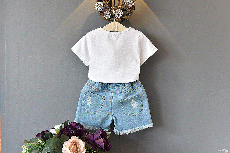 Denim 2pcs suit- Toddler Girls' Short-sleeved T-shirt & Short