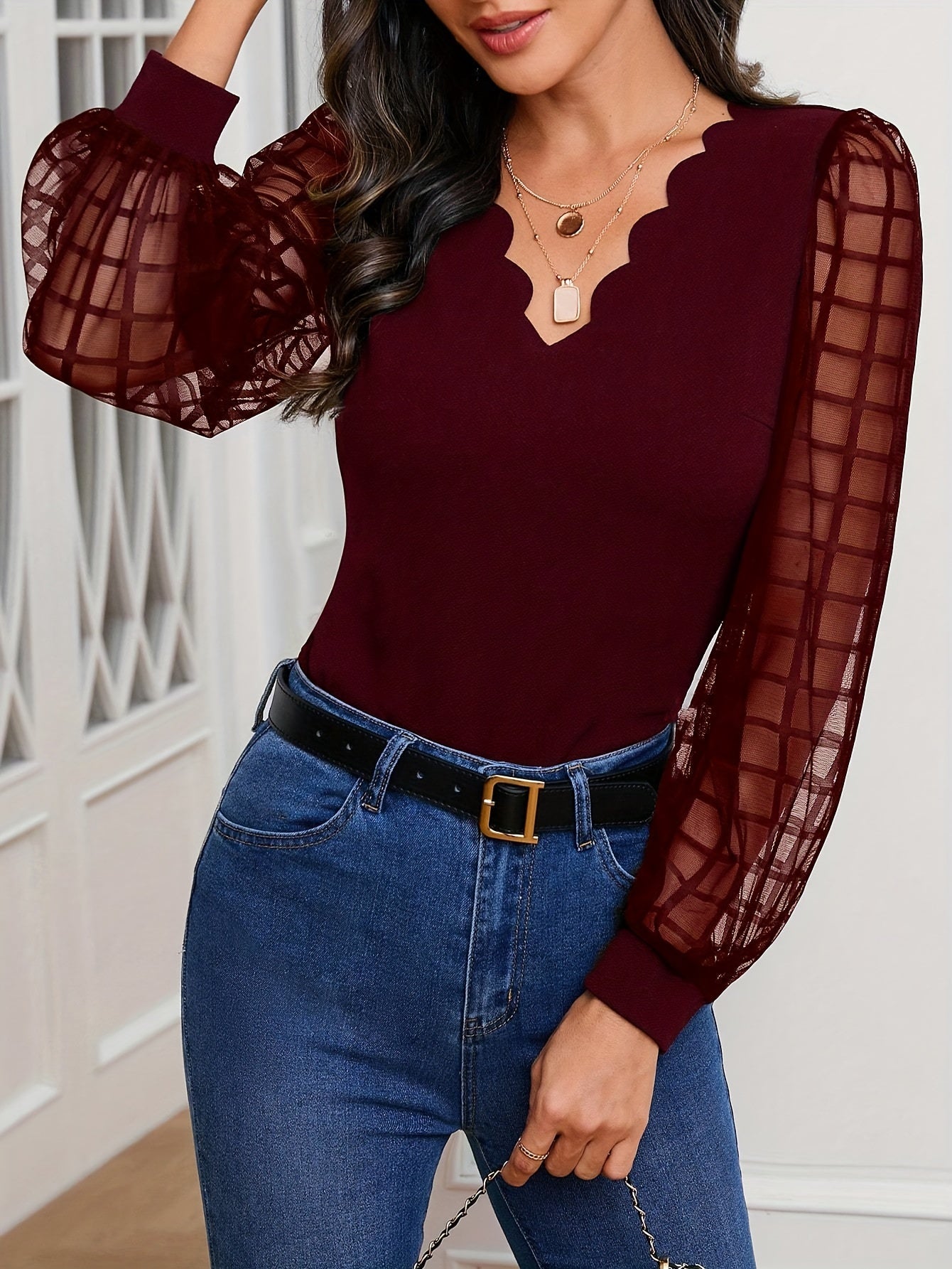 V-Neck Blouse - Women's Casual Scallop Trim V-Neck Blouse with Long Illusion Sleeves for Spring/Fall oxblood