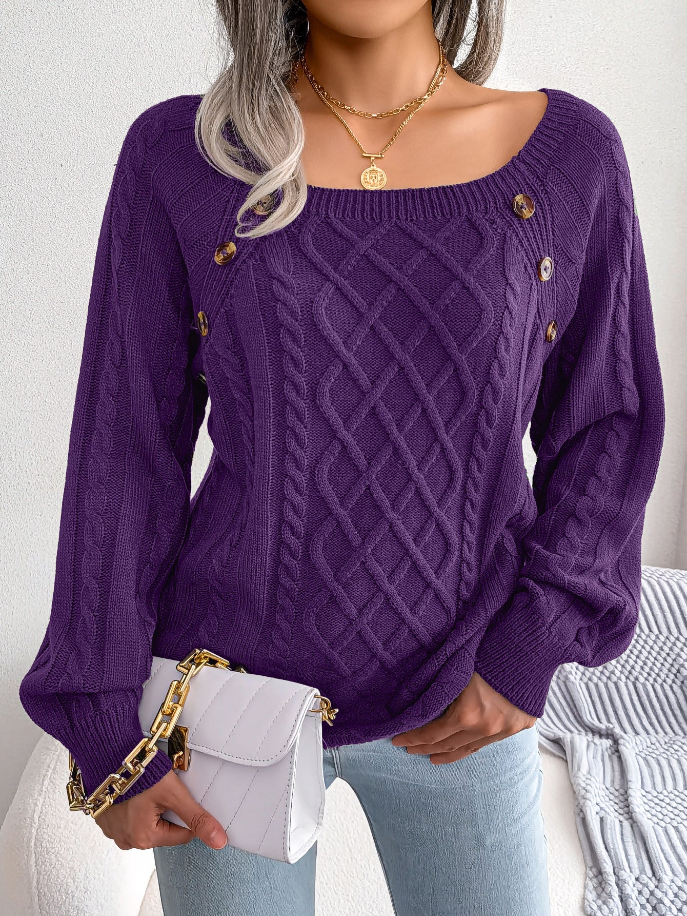 Sweater - Square Neck Button-Up Twisted Knit Sweater purple