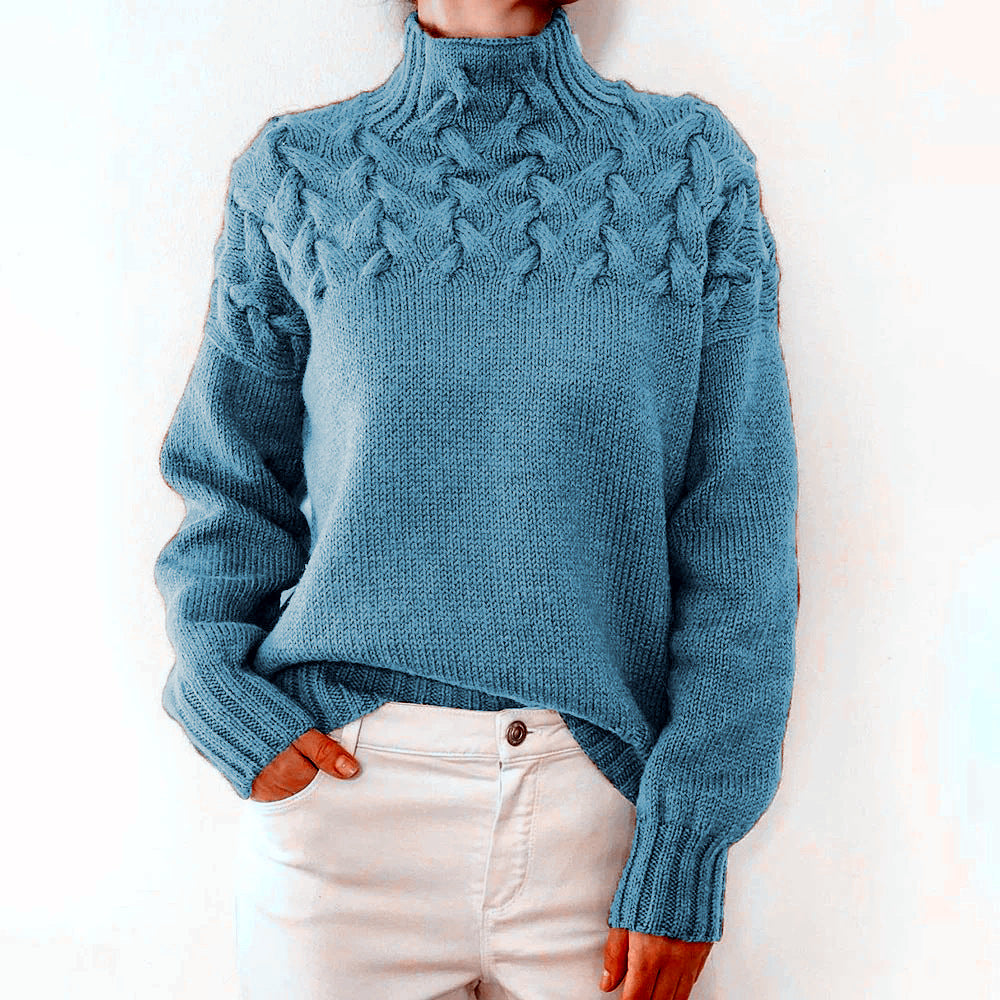 Sweater - Fashion Cable Woven Detail High Collar sky blue