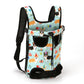 A collection of soft pet carriers in various colors and patterns, designed to be worn on the back for transporting pets.